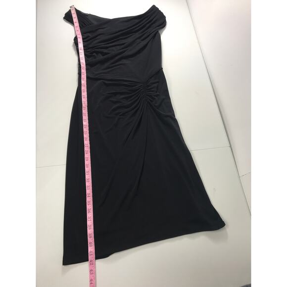 Tadashi Shoji Gathered Ruched Slimming Midi Black Dress LBD Elegant Polished - Picture 8 of 9